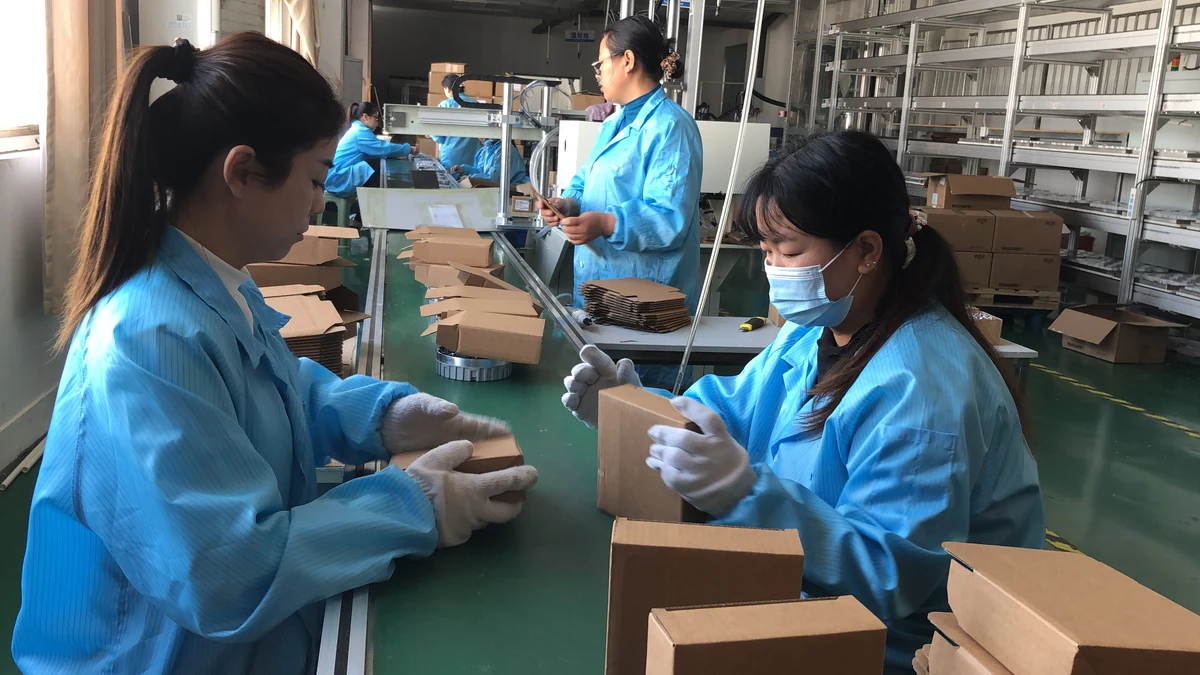 Workers preparing individual cardboard product boxes at a packing workbench