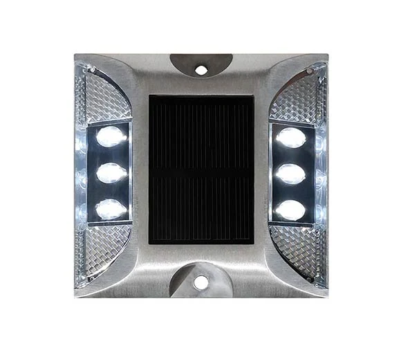 A real aluminum solar road stud with a solar panel and side LEDs